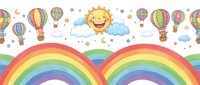 Cheerful cartoon rainbow pattern with smiling sun, fluffy clouds and colorful hot air balloons on white background for children's room decor and textile design.