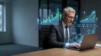 Senior businessman analyzing financial data with holographic charts and graphs in modern office environment for business analytics and investment planning.