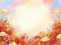 Watercolor floral frame with red and gold flowers, decorative clouds, and soft pastel background. Isolated design element suitable for invitations, greeting cards, and digital projects.
