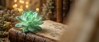 Small green succulent plant sitting on vintage leather-bound book with warm bokeh lights creating cozy reading atmosphere for home decor and lifestyle concepts.