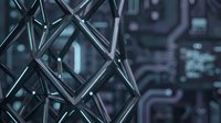 Futuristic metallic lattice structure with geometric diamond pattern and blurred circuit board background, suitable for technology and innovation concepts.