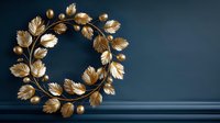 Elegant golden leaf wreath with metallic berries against deep navy blue wall, creating luxurious contrast for seasonal home decor or celebration design.