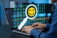 Businessman analyzing customer satisfaction data with magnifying glass revealing happy emoji among feedback icons on laptop screen for market research.