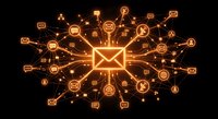 Digital email marketing network with glowing orange icons and connecting lines on dark background for business communication campaigns.