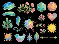 Watercolor clipart set with floral, nature, and decorative elements, isolated on transparent background. Ready for stickers, t-shirt design, print on demand, and sublimation.