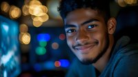 Young African American man smiling confidently in dark setting with blurred bokeh lights creating atmospheric mood. Modern portrait with natural expression and soft lighting.