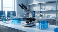 Modern laboratory interior with professional microscope and blue chemical samples in test tubes for scientific research and medical analysis.