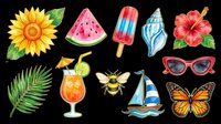 Bright summer collection featuring sunflower, watermelon slice, popsicle, seashell, hibiscus flower, palm leaf, tropical cocktail, bee, sailboat, sunglasses and monarch butterfly. Isolated on transparent background, ready for t-shirts, stickers, clipart and print-on-demand designs.