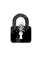 Digital padlock with circuit board patterns and pixelated keyhole representing cybersecurity, data protection, and electronic security technology on white background.