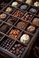 Luxury chocolate pralines and truffles in wooden box with compartments. Assorted handmade candies with nuts, dark and white chocolate decorations and toppings.