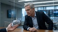 Middle-aged Caucasian male businessman in formal attire examining crystal globe in modern office setting, representing global business strategy and corporate leadership.