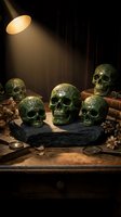 Ornate green skulls with intricate patterns arranged on black stone platform under dramatic spotlight, surrounded by vintage props, dried flowers, and antique objects for gothic, Halloween, or occult-themed designs.