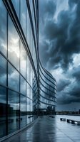 Modern curved glass building facade with reflective windows on wet rooftop terrace under dramatic stormy sky, suitable for corporate, architecture, and real estate design projects.