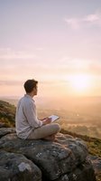 Man sitting on rocky outcrop holding tablet device at sunset, overlooking expansive valley landscape. Caucasian male in casual attire using technology outdoors during golden hour for work or leisure.