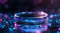 Magical glowing ring with blue and purple sparkles on dark background creates mystical atmosphere. Jewelry photography with bokeh effects and light reflections.