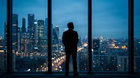 Business executive silhouette standing at office window overlooking illuminated city skyline at dusk for corporate leadership and success concepts.