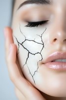 Artistic close-up of cracked skin texture on female face with natural makeup, closed eye, and glossy lips, representing beauty and aging concept for cosmetic advertising.