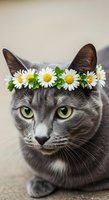 Gray tabby cat wearing a daisy flower crown with white and yellow blooms, featuring striking yellow-green eyes and whiskers, perfect for pet, spring, and whimsical designs.