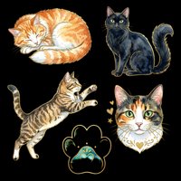 Cute cats collection featuring orange tabby, black cat, playful kitten, calico face and paw print design isolated on transparent background. Ready for t-shirt designs, stickers, clipart and print-on-demand products.