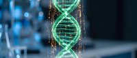 Digital DNA double helix structure with glowing green light effects and data streams for biotechnology research and genetic science concepts.