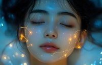 Young Asian woman with closed eyes surrounded by glowing constellation lines and magical light effects against dreamy blue background. Ethereal beauty portrait.