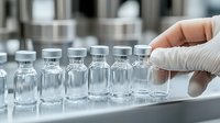 Laboratory worker in protective gloves examining row of glass vials containing clear liquid solution in medical research facility. Scientific testing concept.