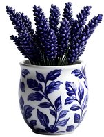 Deep purple lavender stems in ceramic pot with blue floral pattern on white background, isolated for design and decor projects.