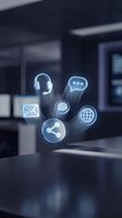 Digital communication icons floating in modern office space with customer service symbols including headset, chat bubble, email and network connectivity.