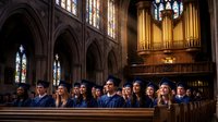 Diverse group of graduates in caps and gowns sitting in gothic cathedral pews during commencement ceremony with stained glass windows and pipe organ.