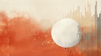Minimalist abstract composition featuring white moon or circle against orange and coral background with vertical lines creating modern wall art aesthetic.
