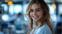 Young blonde Caucasian businesswoman smiling confidently in modern office environment with soft bokeh lighting for corporate and professional use.