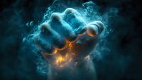 Mystical glowing fist emerging from ethereal blue smoke with orange energy sparks, creating dramatic contrast against dark background for fantasy and power concepts.