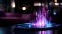 Futuristic holographic city rising from smartphone screen with glowing purple and blue light effects, digital technology concept for mobile innovation and augmented reality.