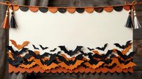 Festive Halloween banner with orange and black paper bats, scalloped trim, decorative tassels and ribbon bow on cream background. Perfect for seasonal party decorations and holiday event planning.