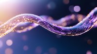 Glowing wavy line with sparkles and particles flowing on dark purple background with bokeh lights creates magical abstract motion effect.
