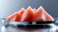 Fresh watermelon triangular slices arranged on modern metallic plate against dark background, juicy pink flesh with dramatic lighting for food photography.