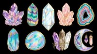 Watercolor crystals and gemstones isolated on transparent background. Hand-drawn mineral illustrations ready for t-shirt design, clipart, stickers, sublimation, and print-on-demand products.