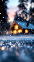 Cozy winter cabin glowing warmly in snowfall at dusk, with illuminated windows casting golden light on sparkling snow crystals creating magical atmosphere.