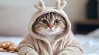 Adorable tabby kitten wearing cozy beige reindeer hoodie with antlers sitting on white bedding. Perfect for holiday pet costumes and seasonal animal content.