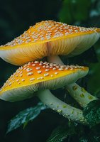 Vibrant yellow amanita muscaria mushrooms with white spots growing in dark forest environment, showing detailed gills and stems against green background.