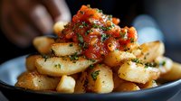 Crispy potato gnocchi topped with rich tomato sauce and fresh herbs, served in a dark bowl for gourmet appetizer or main course.