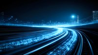 Futuristic glowing blue light trails on curved highway against night city skyline background, representing digital transformation and high-speed data flow concept.