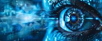 Digital biometric eye scan with circuit patterns and data visualization in blue tones, representing cybersecurity, artificial intelligence and future technology concept.