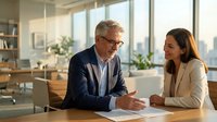 Mature male professional with gray hair and glasses wearing dark blazer discussing documents with young female colleague in beige blazer at wooden desk in modern office with city skyline view, suitable for business, corporate training, and workplace collaboration content.