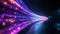 Glowing optical fiber strands emit vibrant purple and blue light rays spreading through dark space, creating dynamic motion effect and futuristic technology concept.