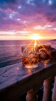 Two crystal whiskey glasses with amber liquid on wooden table overlooking ocean at sunset with dramatic purple and pink sky for luxury lifestyle concepts.
