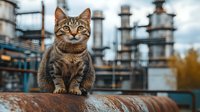 Tabby cat sitting alertly against industrial refinery background with storage tanks and processing towers, dramatic lighting creates moody atmosphere.