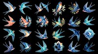 Watercolor swallows clipart set, isolated on transparent background. Flying birds in blue and orange tones, ready for stickers, t-shirt design, print on demand, and sublimation.