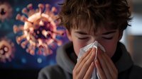 Young caucasian male in grey hoodie blowing nose with tissue while coronavirus cell structures float in dark blue background, depicting viral infection symptoms.