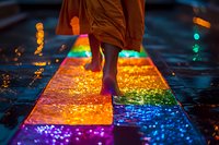 Bare feet walking on illuminated rainbow path at night with water reflections and bokeh lights creating magical atmospheric scene for pride concept.